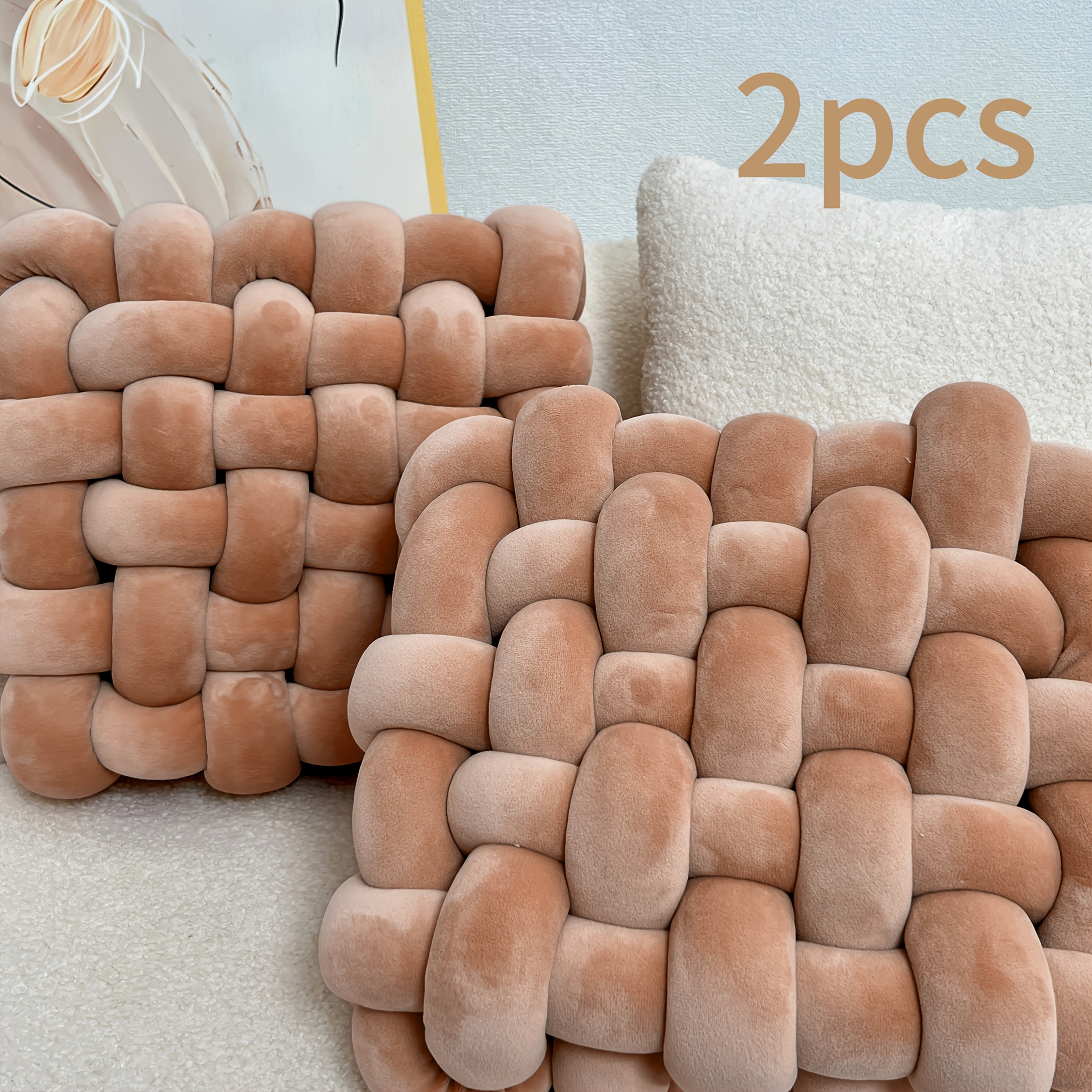 Two Twisted Braided Throw Pillows, Sofa Living Room Home Decoration Cushions, Square Office Throw Pillow Cushions, Tatami Lazy Sofa Throw Pillow Cushions, Knotted Plush Throw Pillow Cushions