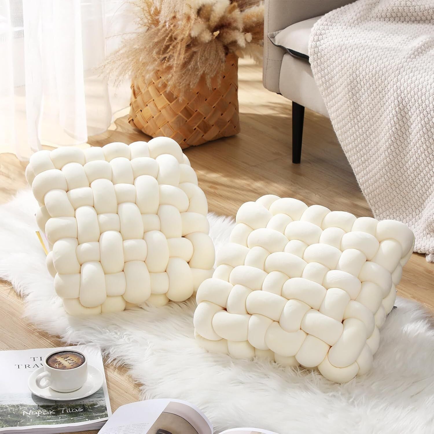 2 Pcs Knot Pillow Soft Throw Pillow Home Decoration Cushion Square Office Knotted Plush Throw Cushion for Living Room Bedroom Sofa Couch Living Room Decor, 12'' X 12''