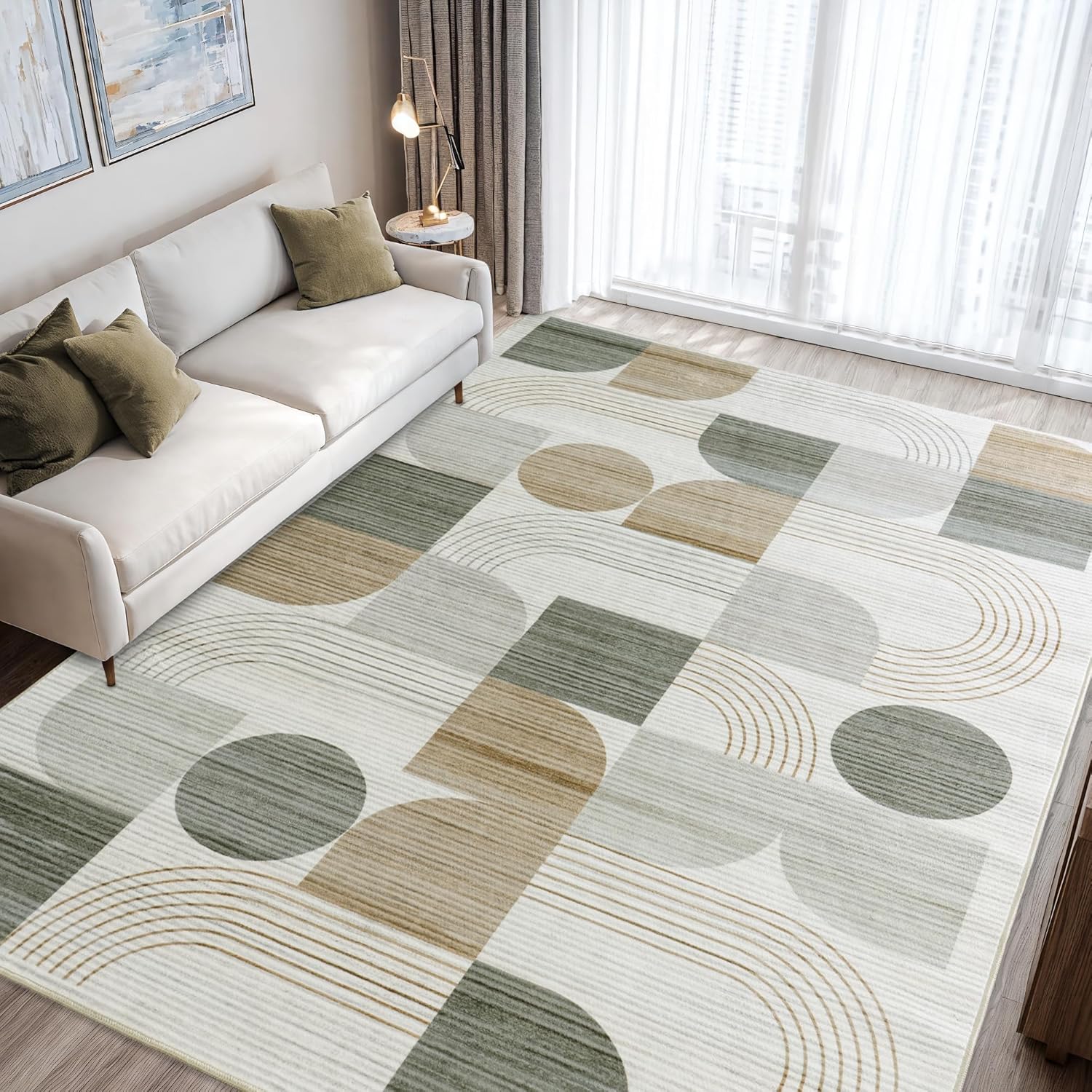 Area Rug, Soft Modern Geometric Abstract Beige Rugs for Bedroom Living Room, Non-Shedding Faux Wool Indoor Throw Floor Carpet for Office Entryway Dining Room Decor