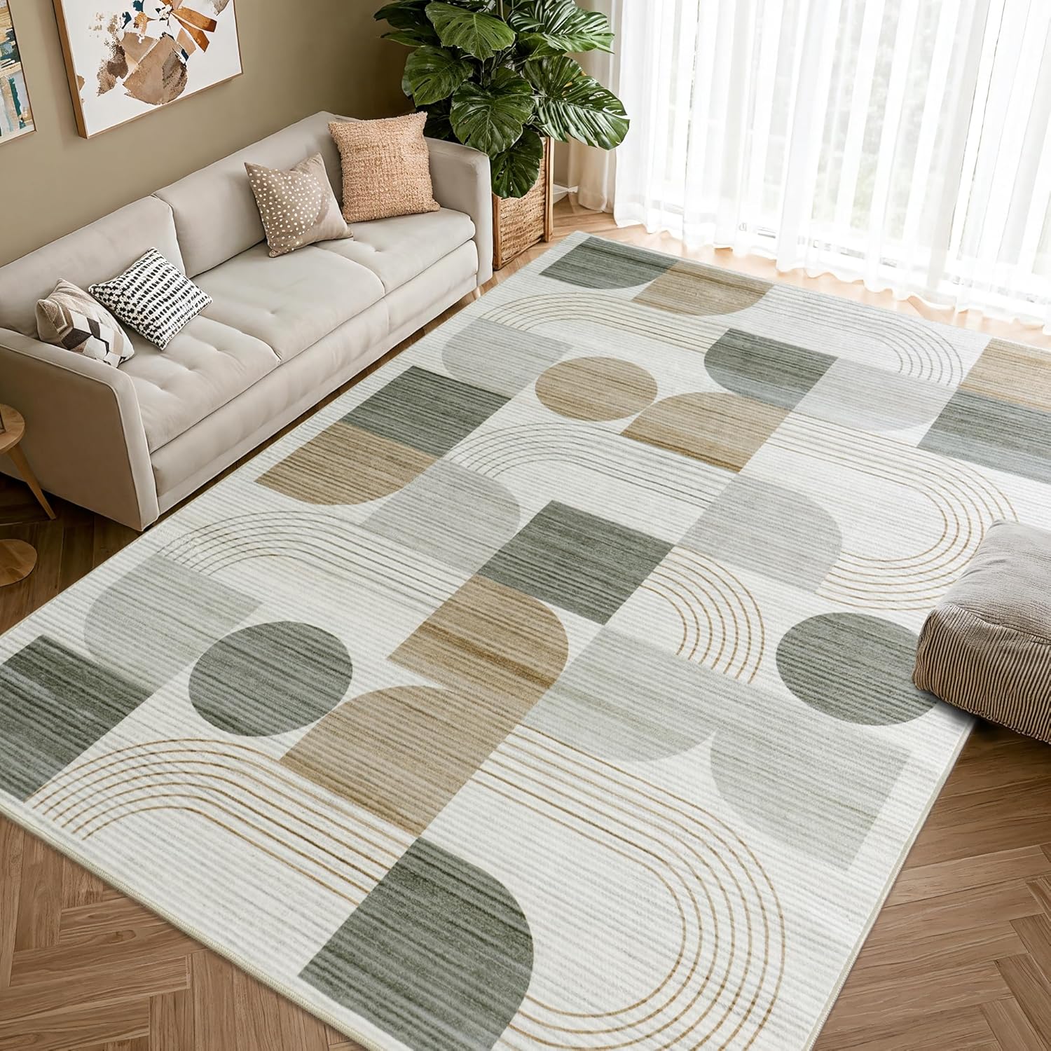 Area Rug, Soft Modern Geometric Abstract Beige Rugs for Bedroom Living Room, Non-Shedding Faux Wool Indoor Throw Floor Carpet for Office Entryway Dining Room Decor