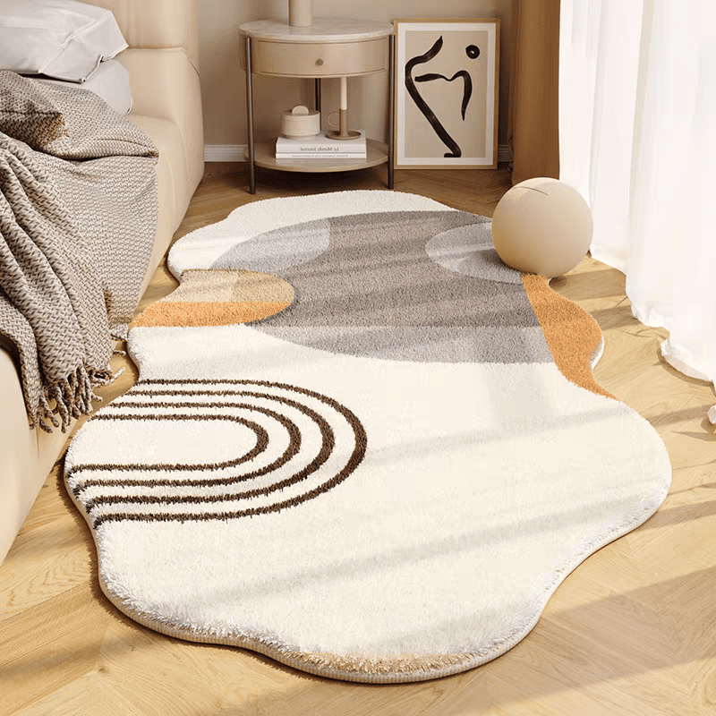 Luxurious Beige Geometric Area Mat - 1000g\u002Fm², 10mm Thick, Machine Washable, Irregular Shape, Soft & Plush, Perfect for Living Room, Bedroom, or Office Decor, Rugs for Living Room