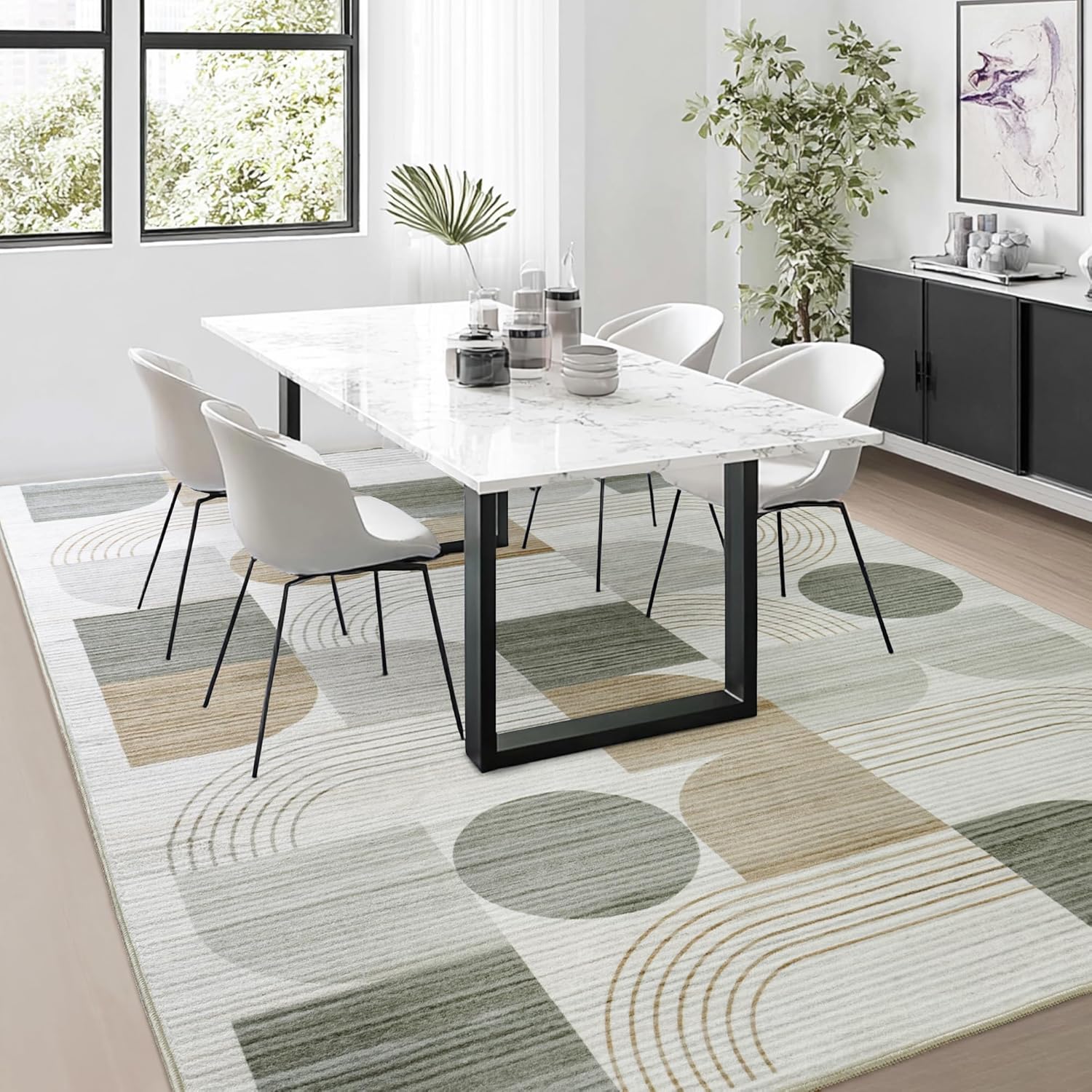 Area Rug, Soft Modern Geometric Abstract Beige Rugs for Bedroom Living Room, Non-Shedding Faux Wool Indoor Throw Floor Carpet for Office Entryway Dining Room Decor