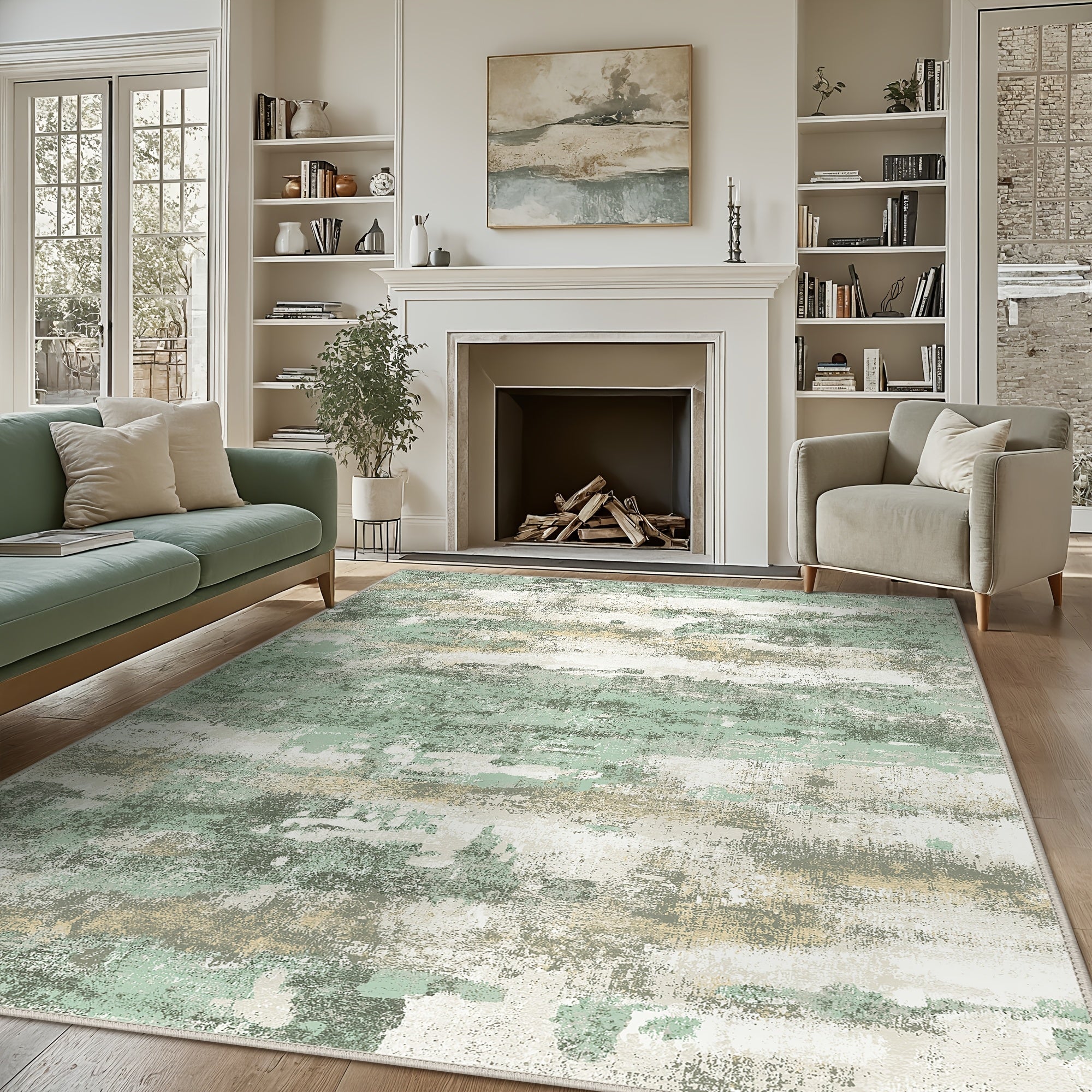 Modern Abstract Area Mat -Home Decor, Room Decor, Large Non-Slip Living Room Mat, Soft Machine Washable Mat for Dining Room, Bedroom & Office - Home Decoration in Sage Green, Blue, Dark Grey