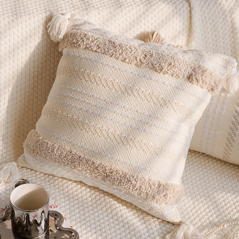Modern Luxury Living Room and Bedroom Home Pillow Cushion, Bohemian Style Home Soft Furnishings Sofa Throw Pillow Pillowcase, Bohemian Style Pillowcase, Tufted Decorative Neutral Cushion Cover, Farmhouse Style Sofa Throw Pillow Textured Tassel