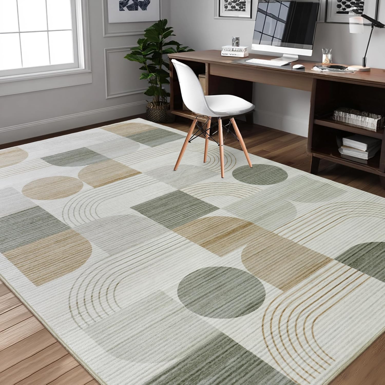 Area Rug, Soft Modern Geometric Abstract Beige Rugs for Bedroom Living Room, Non-Shedding Faux Wool Indoor Throw Floor Carpet for Office Entryway Dining Room Decor