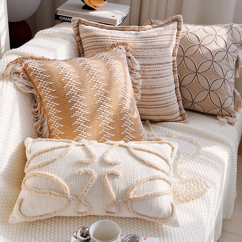 Modern Luxury Living Room and Bedroom Home Pillow Cushion, Bohemian Style Home Soft Furnishings Sofa Throw Pillow Pillowcase, Bohemian Style Pillowcase, Tufted Decorative Neutral Cushion Cover, Farmhouse Style Sofa Throw Pillow Textured Tassel