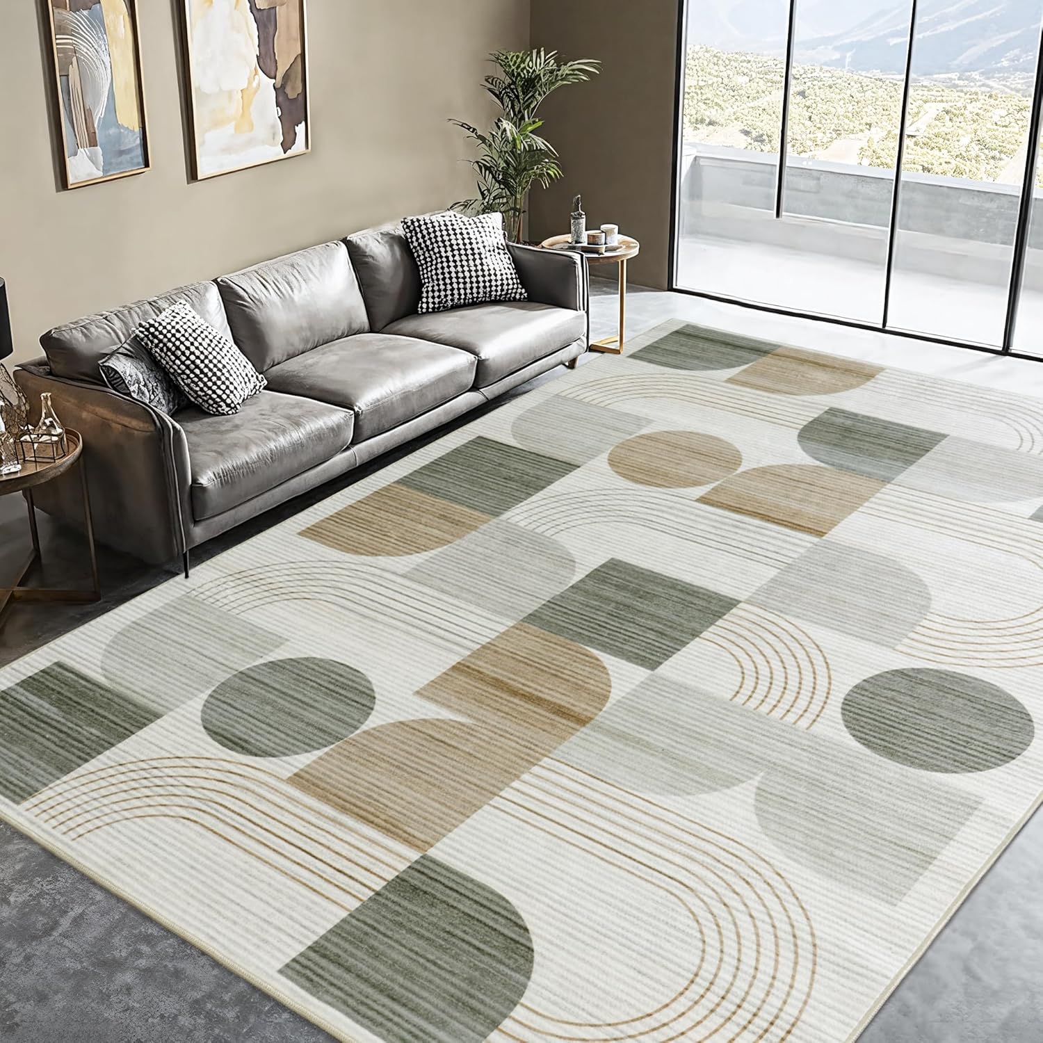 Area Rug, Soft Modern Geometric Abstract Beige Rugs for Bedroom Living Room, Non-Shedding Faux Wool Indoor Throw Floor Carpet for Office Entryway Dining Room Decor