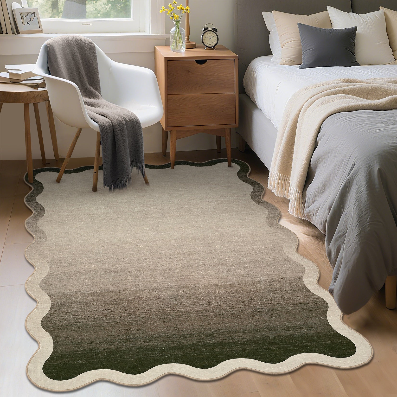 1pc of Contemporary Abstract Carpet Suitable for The Living Room, Featuring a Washable Wavy Edge. This Modern Artistic Floor Mat Is Designed for Bedrooms, with a Soft Low Pile And Non-Slip Properties. It Includes a Scalloped Border