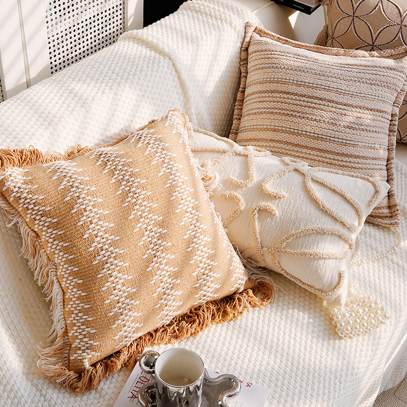 Modern Luxury Living Room and Bedroom Home Pillow Cushion, Bohemian Style Home Soft Furnishings Sofa Throw Pillow Pillowcase, Bohemian Style Pillowcase, Tufted Decorative Neutral Cushion Cover, Farmhouse Style Sofa Throw Pillow Textured Tassel
